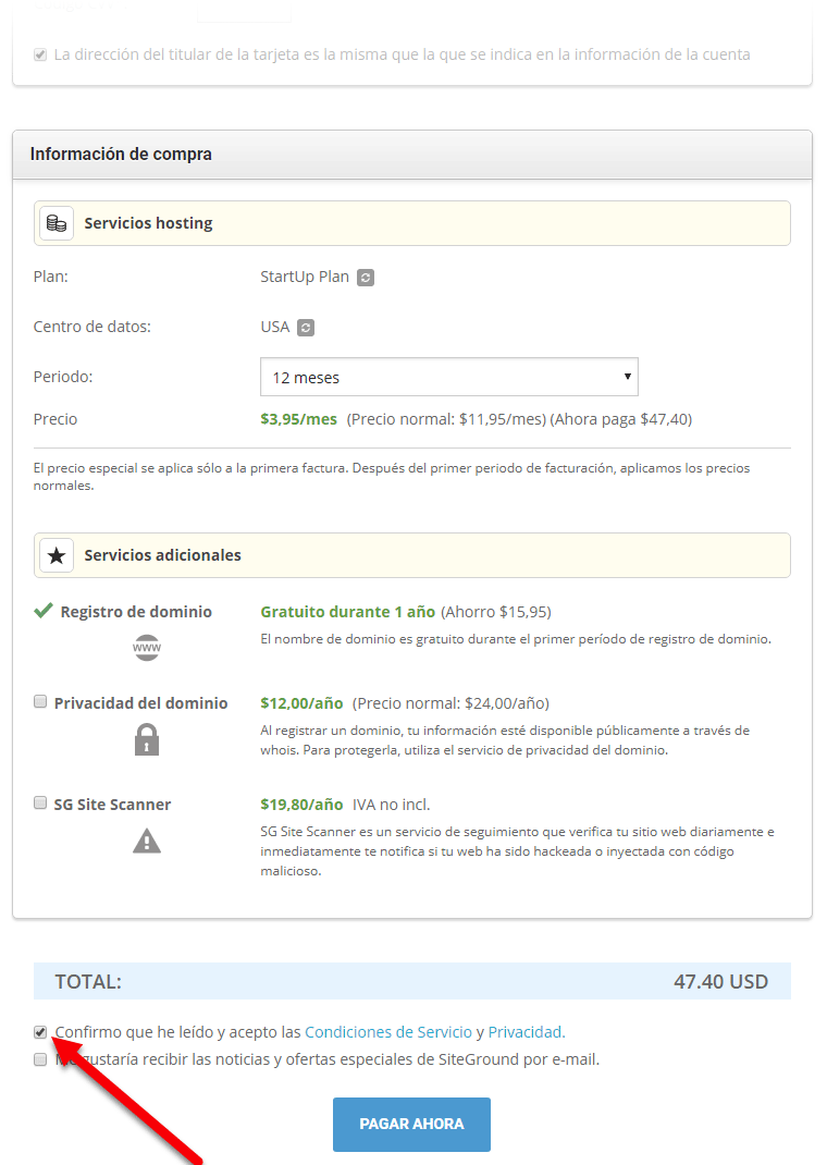 Información de compra en SiteGround