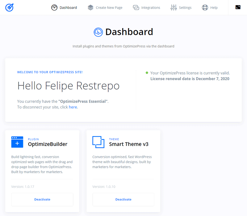Dashboard de OptimizePress 3.0 Landing Page