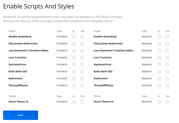 OptimizePress 3 Scripts Settings